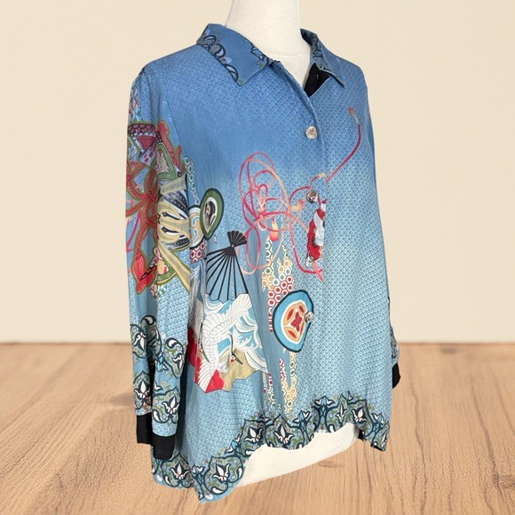 Citron Tops - Citron Santa Monica 100% Silk Crane Print Blouse Top Sz L Denim Blue and Black